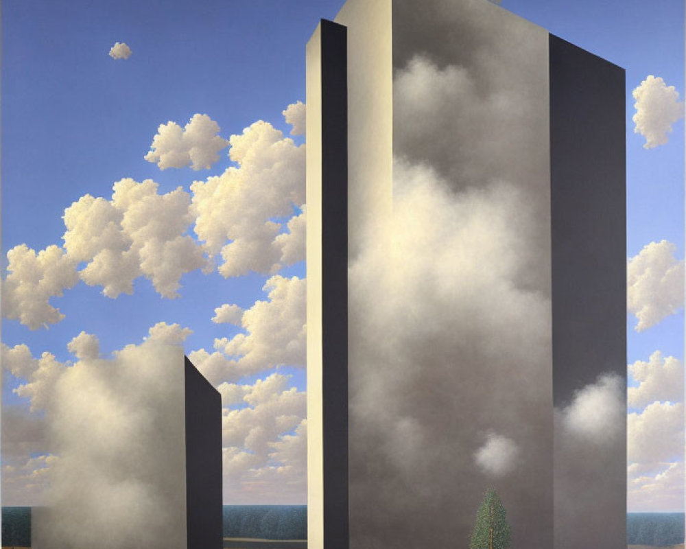 Surreal painting: Oversized buildings, merging clouds, lone tree.