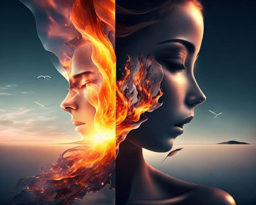 Surreal image: Woman with face half flames, half serene seascape