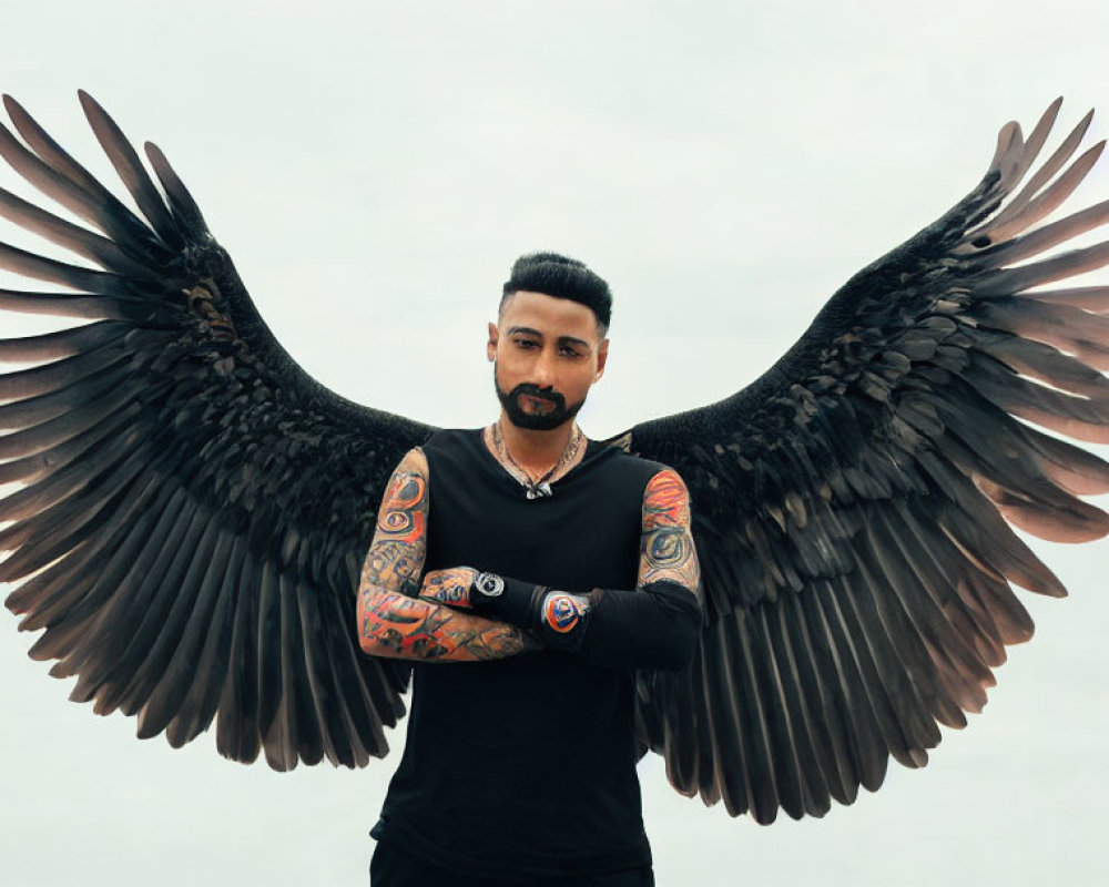 Tattooed man with black artificial wings on cloudy sky background