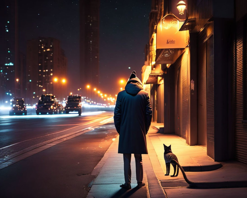 Person in Blue Coat and Hat with Cat on City Street at Night