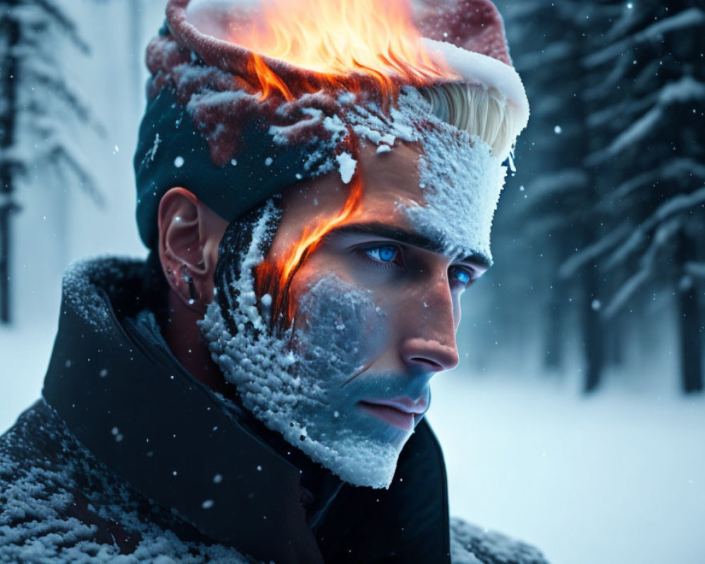 Man with Icy Skin and Fiery Hair in Snowy Forest