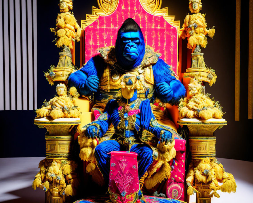 Regal gorilla statue in blue and gold on ornate throne