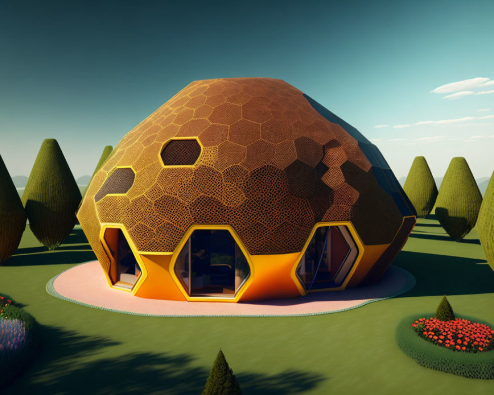 Hexagonal Patterned Dome Building Amidst Colorful Gardens