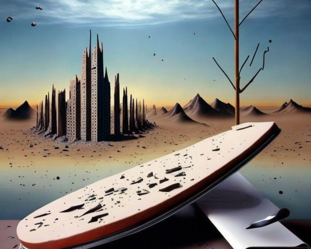 Barren tree, eraser book, futuristic buildings in surreal landscape