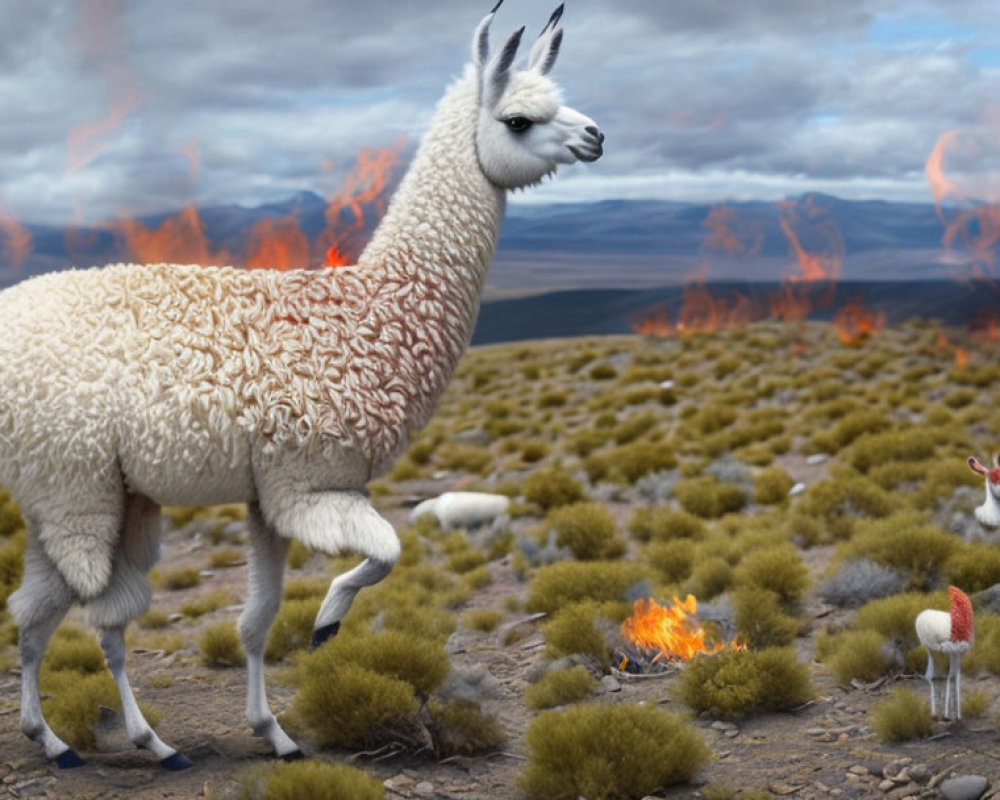 Digitally altered image: Llama with brain-like wool pattern among fires in barren landscape