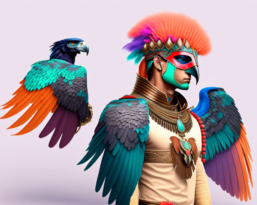 Person with Bird-Like Features & Eagle in Colorful Artwork