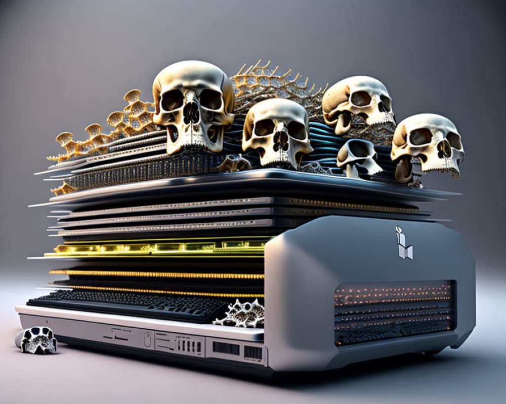 Futuristic server stack with human skulls and golden crowns