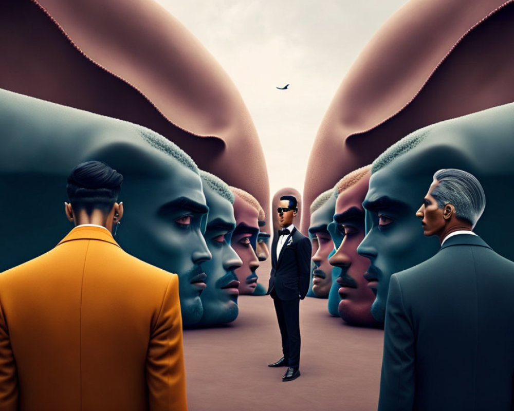 Surreal artwork featuring giant male heads and stylishly dressed men walking between them