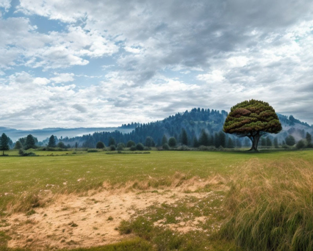 Lone well-shaped tree in vast meadow with distant forest and overcast sky