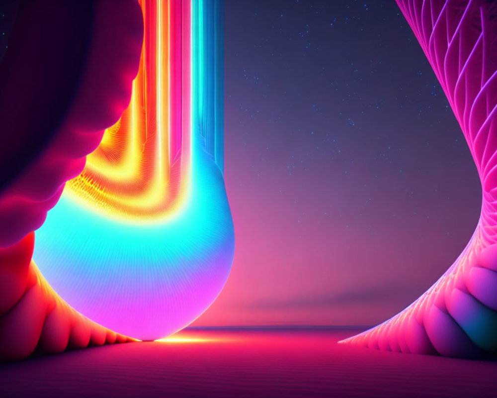 Neon-colored digital artwork with glowing fluid shapes on surreal starry background