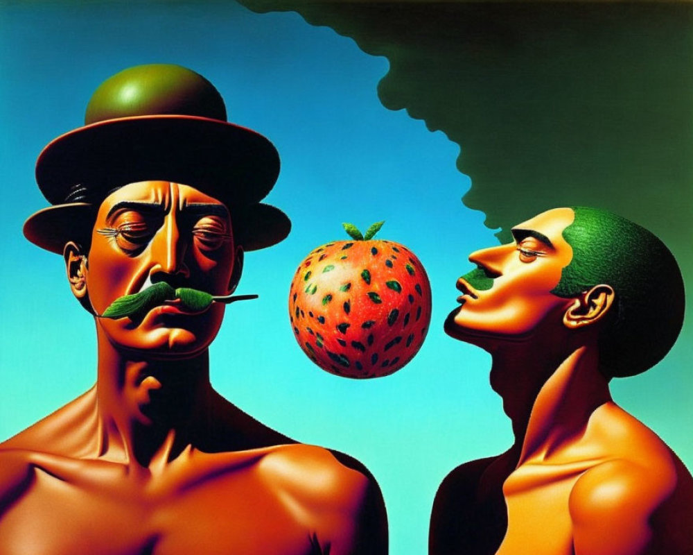 Surreal Artwork: Two Male Figures with Strawberry, Exaggerated Profile, and Bowler