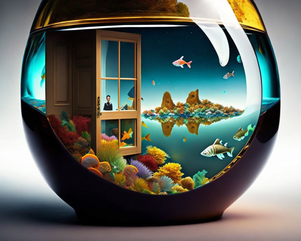 Person in window frame in fishbowl with coral reef and space backdrop