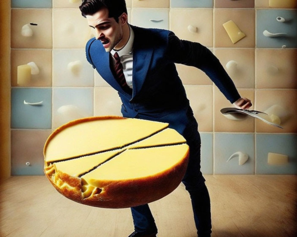 Man in Blue Suit Plays Cheese Guitar Surrounded by Cheese Varieties