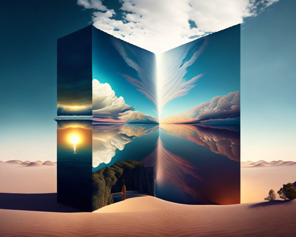 Surreal landscape with towering door, mirrored sky, desert, and figure