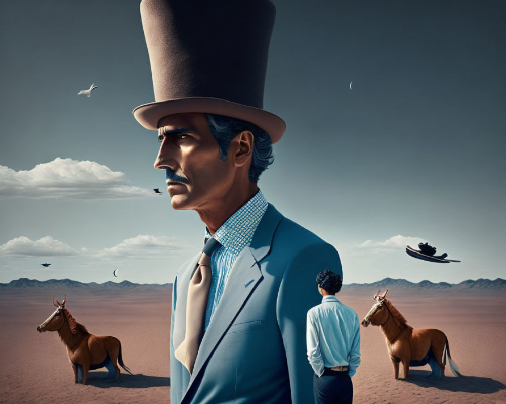 Surreal desert scene with man in oversized top hat, flying boats, horses, and multiple moons