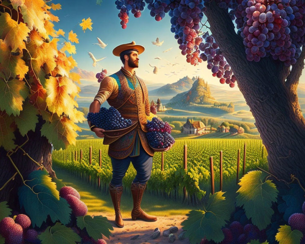 Renaissance man with grapes in lush vineyard landscape