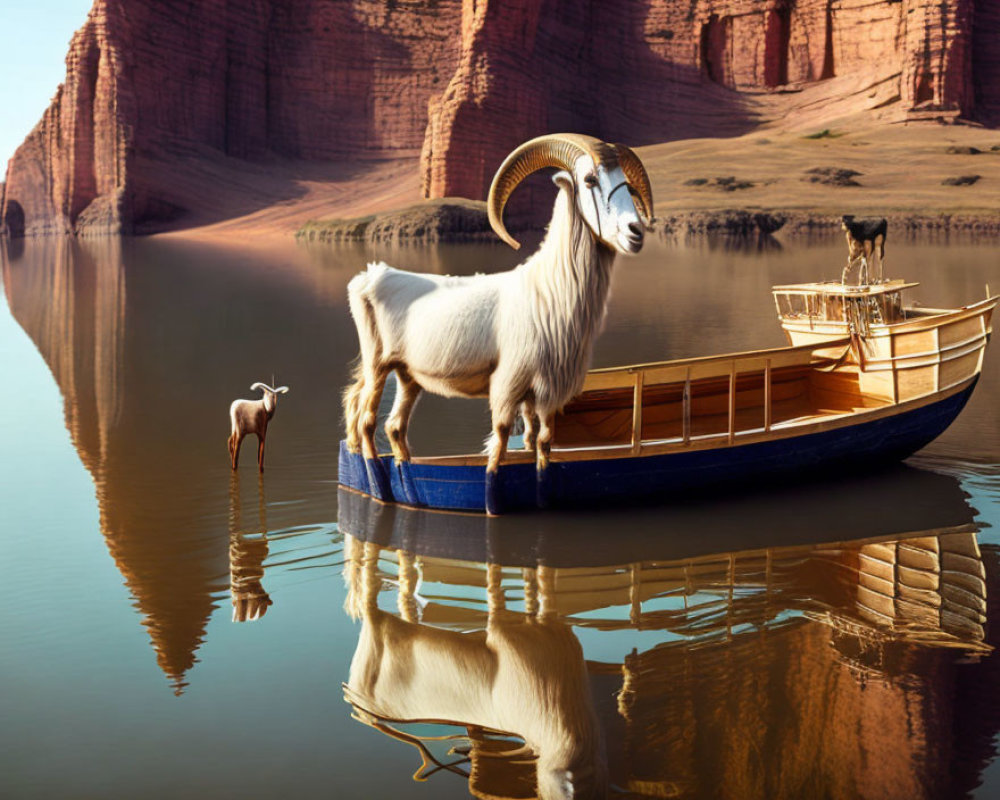 Majestic goat with large horns on a boat with a lamb and a cat by serene waters