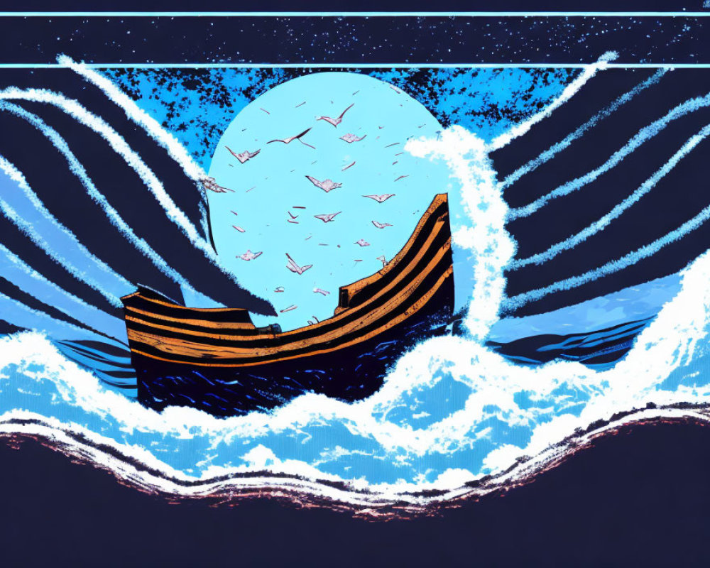 Stylized illustration of boat on tumultuous waves under full moon