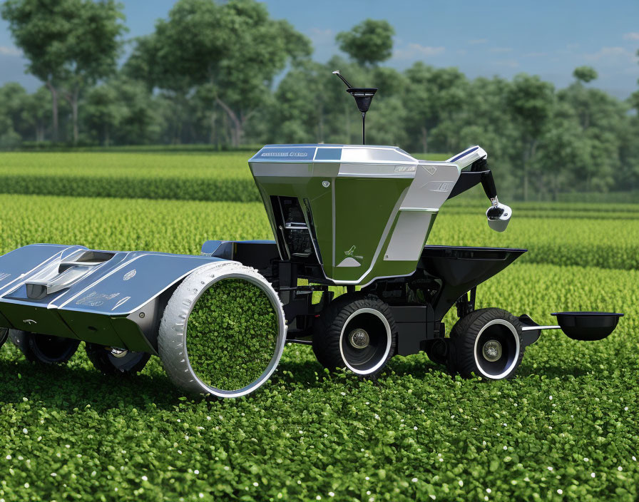 Modern autonomous farm vehicle in lush green field under clear sky