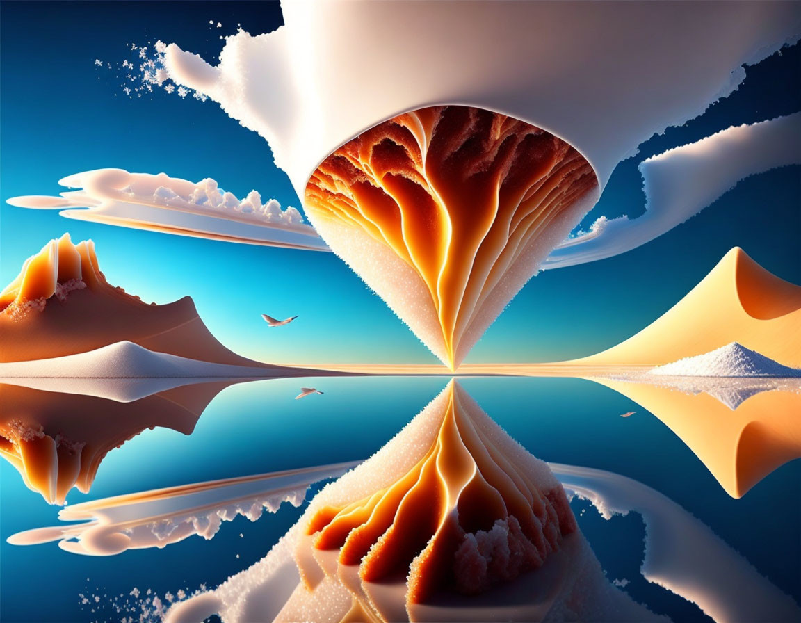 Surreal landscape with inverted mountain peaks and mirrored image in orange hues