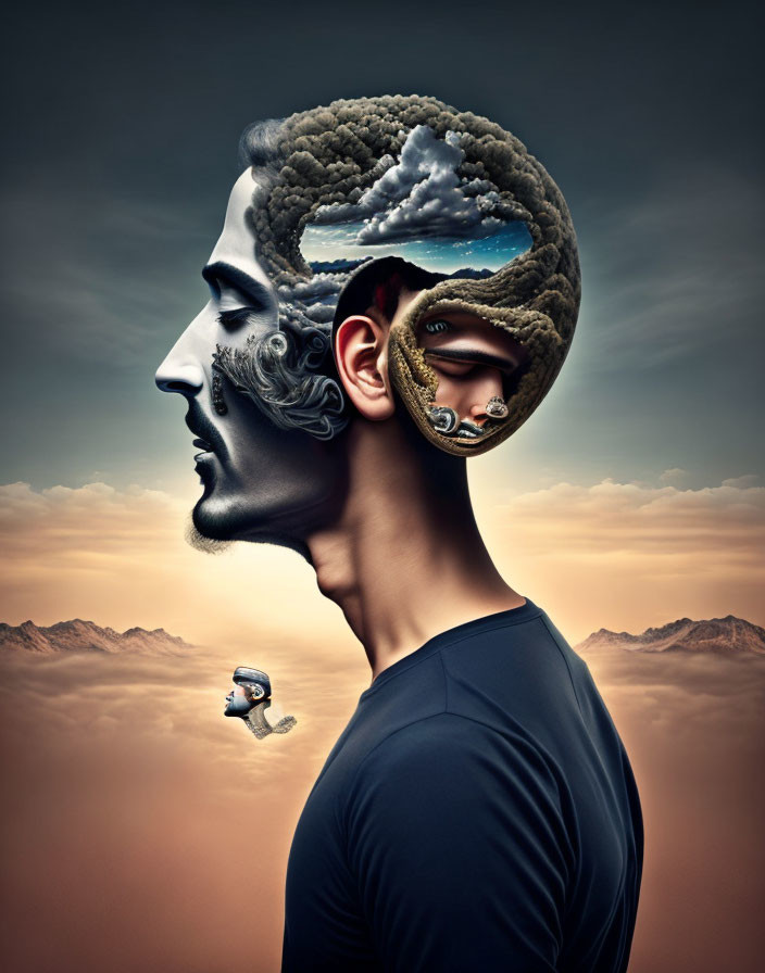 Surreal profile image with open head revealing brain landscape