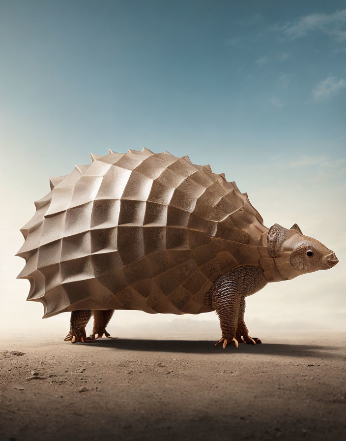 Geometric metallic armadillo on sandy surface under clear sky