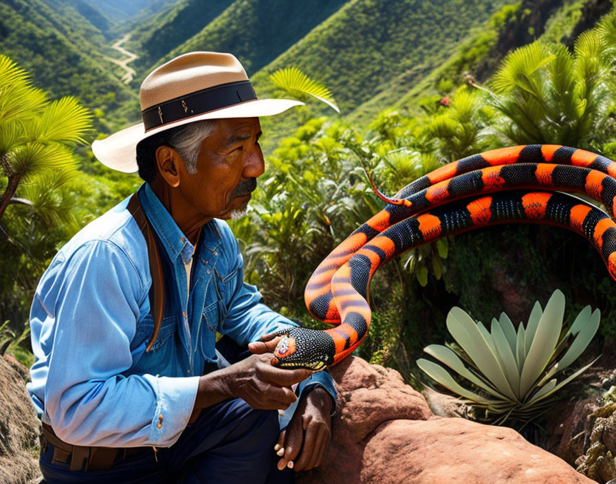 Man in hat holds colorful snake in mountainous landscape.