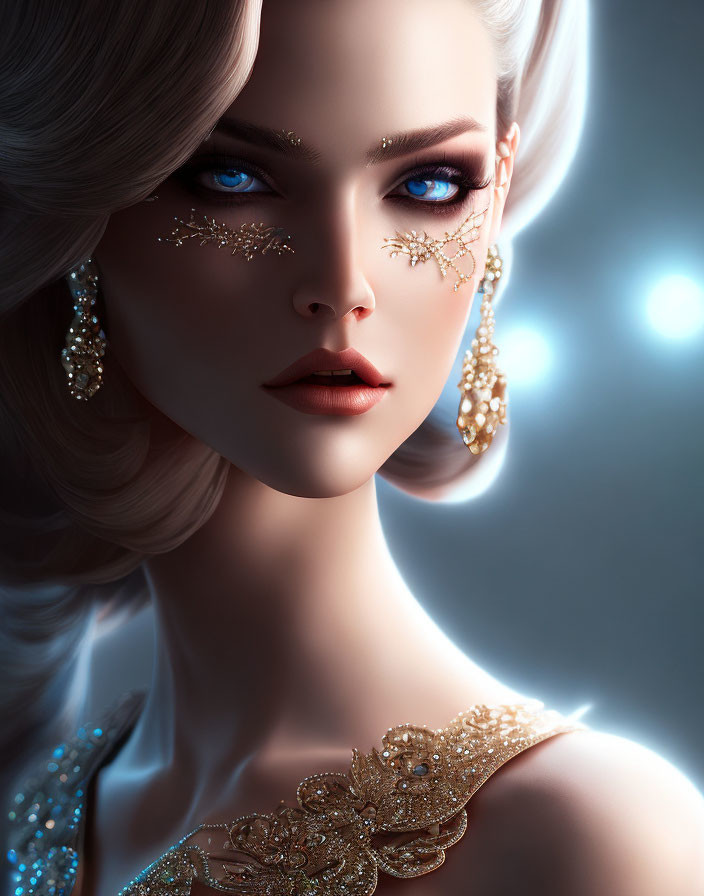 Digital artwork of a woman with blue eyes and gold jewelry in soft-lit setting