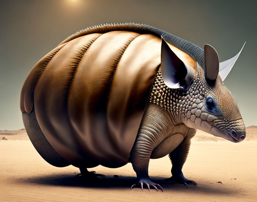 Stylized creature blending armadillo with coffee bean body in desert setting