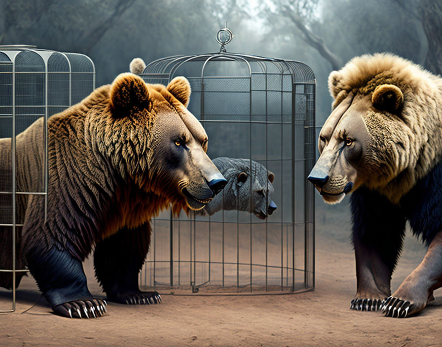 Two large bears in front of an open cage in mystical forest setting