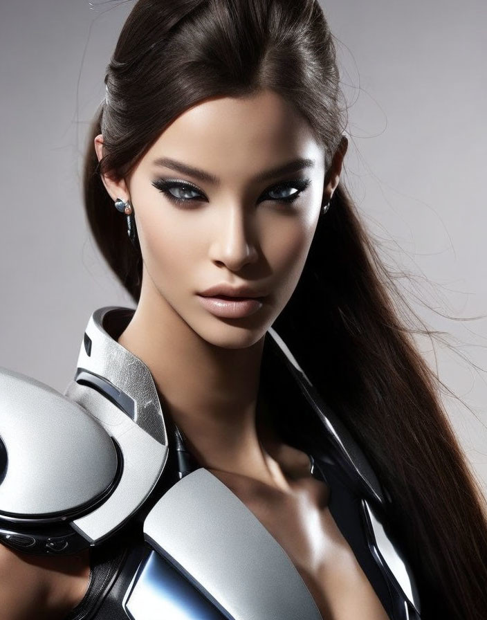 Woman with sleek hair and smoky eye makeup in futuristic metallic shoulder armor poses with piercing gaze