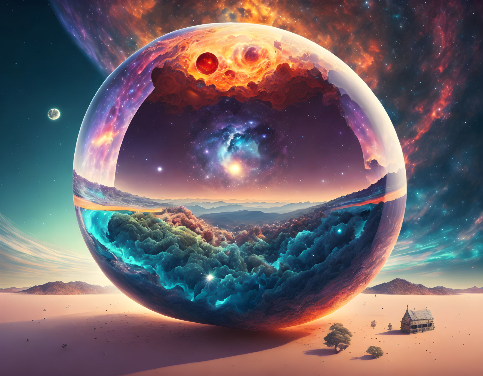 Surreal landscape with large reflective sphere and cosmic scenery