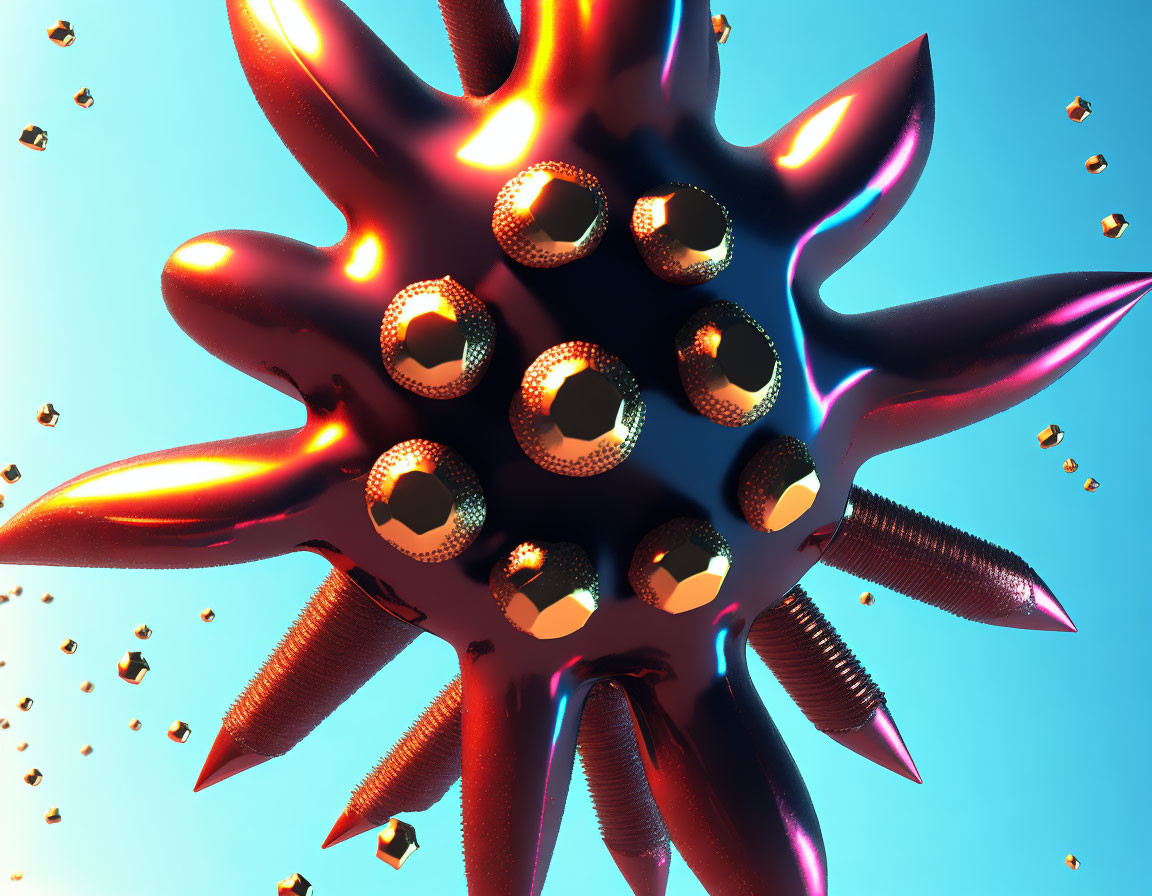 Abstract red spiky virus-like structure on blue background