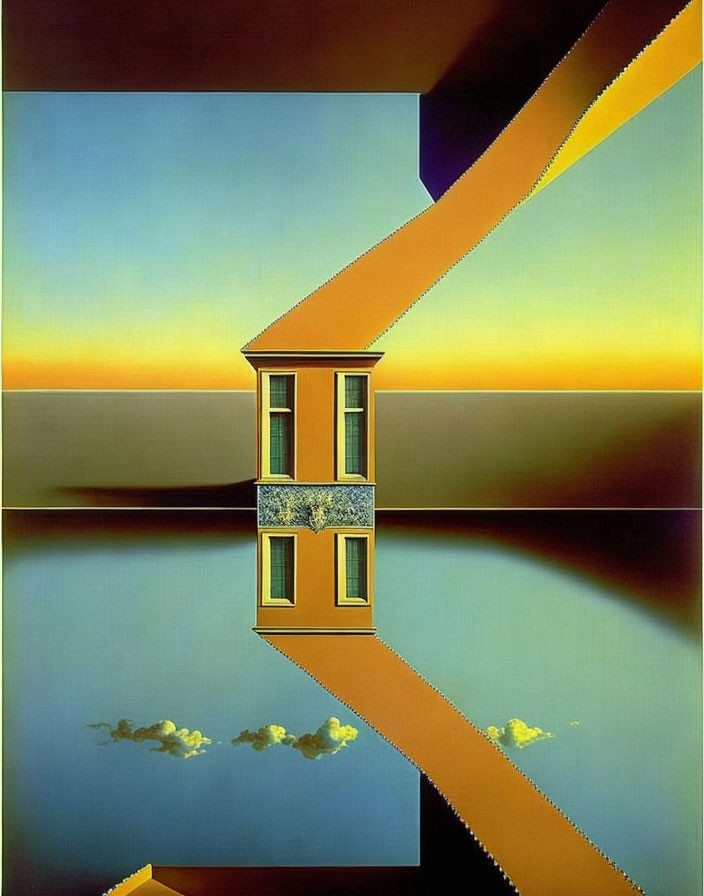 Surreal landscape with floating window and diagonal lines on blue and yellow gradient.