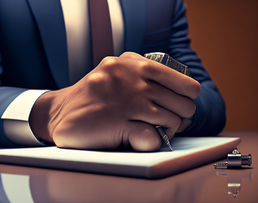 Businessperson in suit writing on notepad with pen and cufflinks visible