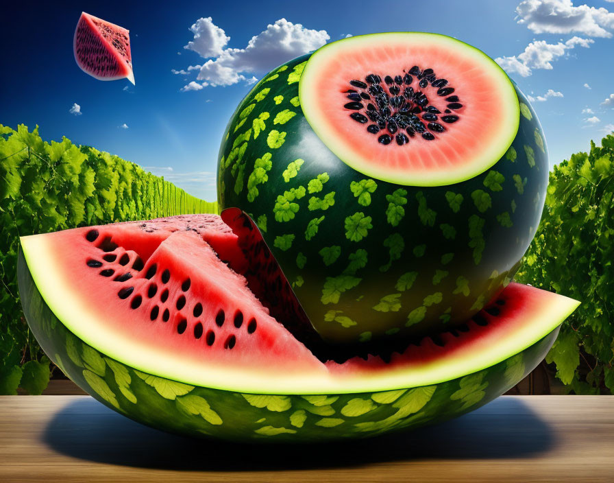 Ripe watermelon slice with red interior, seeds, under clear sky