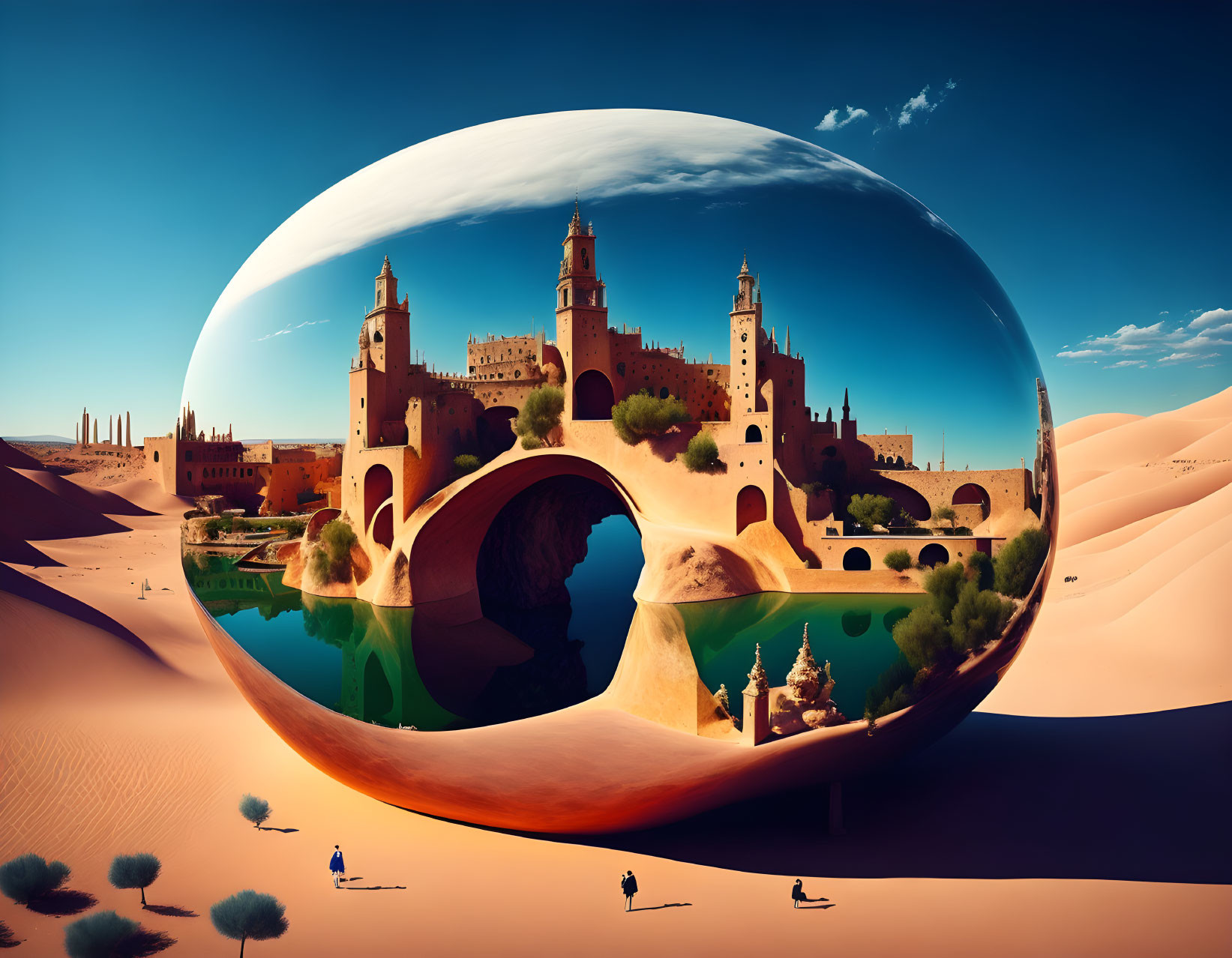 Mirrored sphere reflecting castle in desert landscape