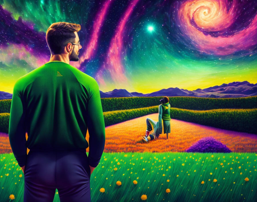 Man in green shirt gazes at lavender landscape with galaxy above