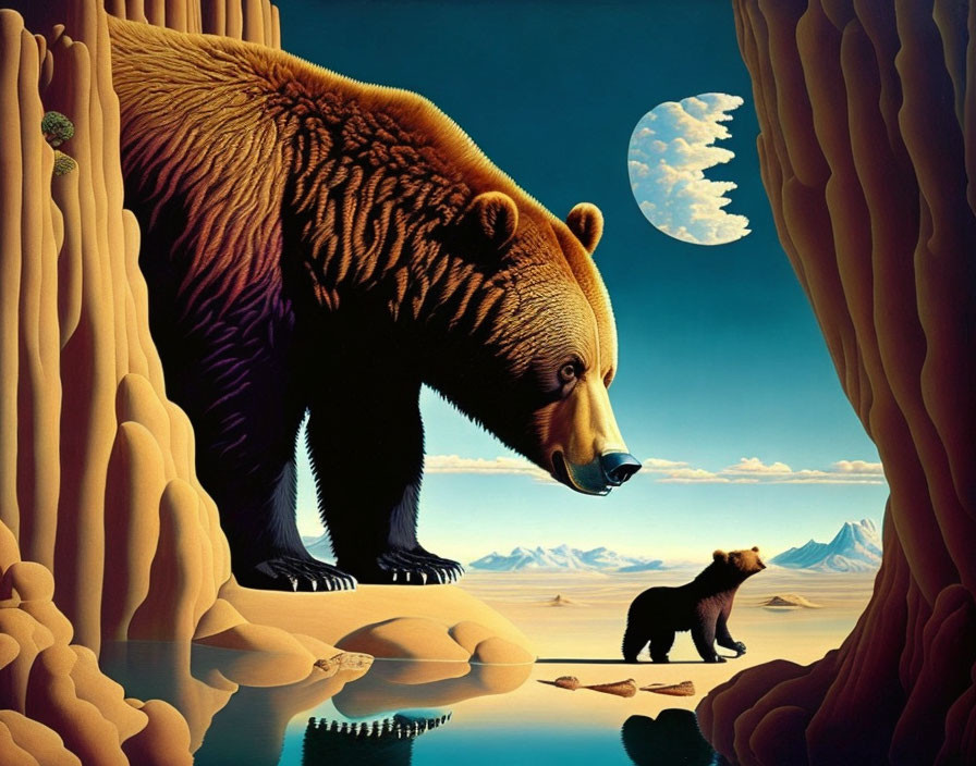 Surreal landscape with giant bear, smaller bear, reflective water, rocky cliffs, blue sky,