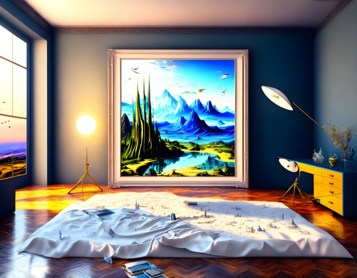 Colorful room with oversized fantastical landscape painting, scattered model pieces, and modern floor lamps