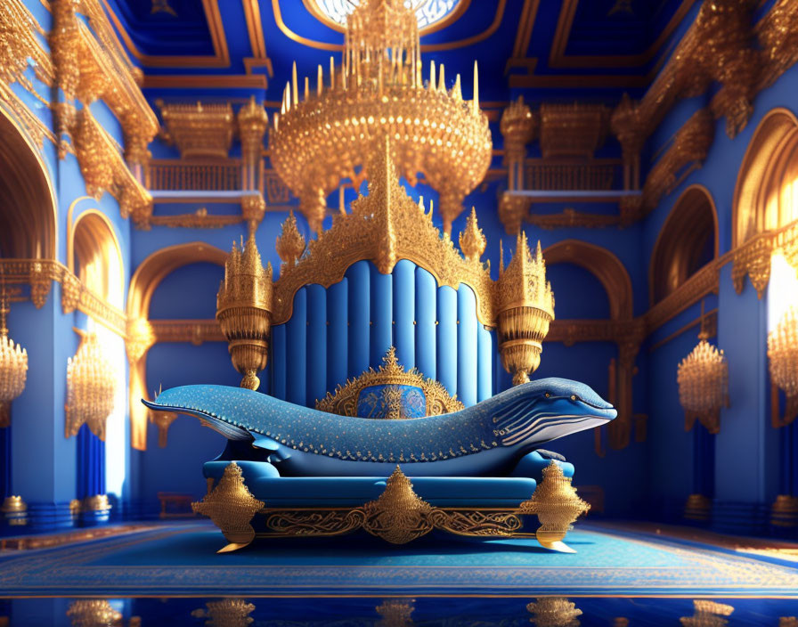 Opulent Throne Room with Blue and Gold Whale-Shaped Throne