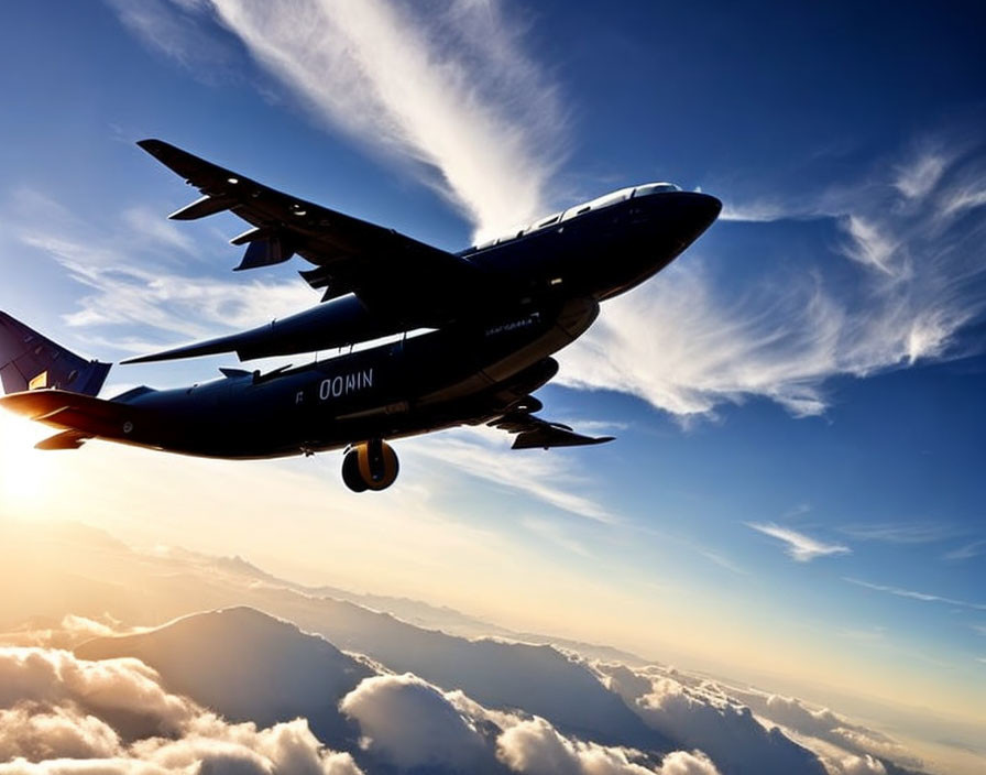 Commercial airplane flying above clouds at sunrise or sunset