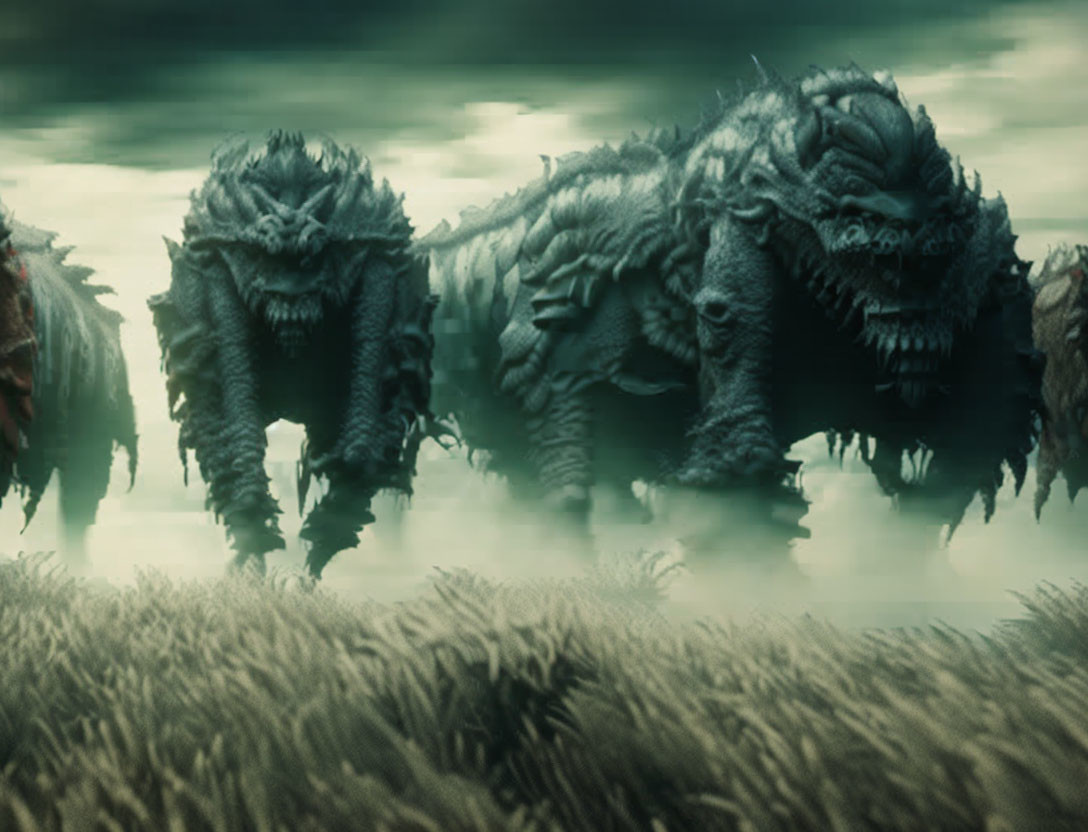 Menacing spiky creatures with sharp teeth in misty field