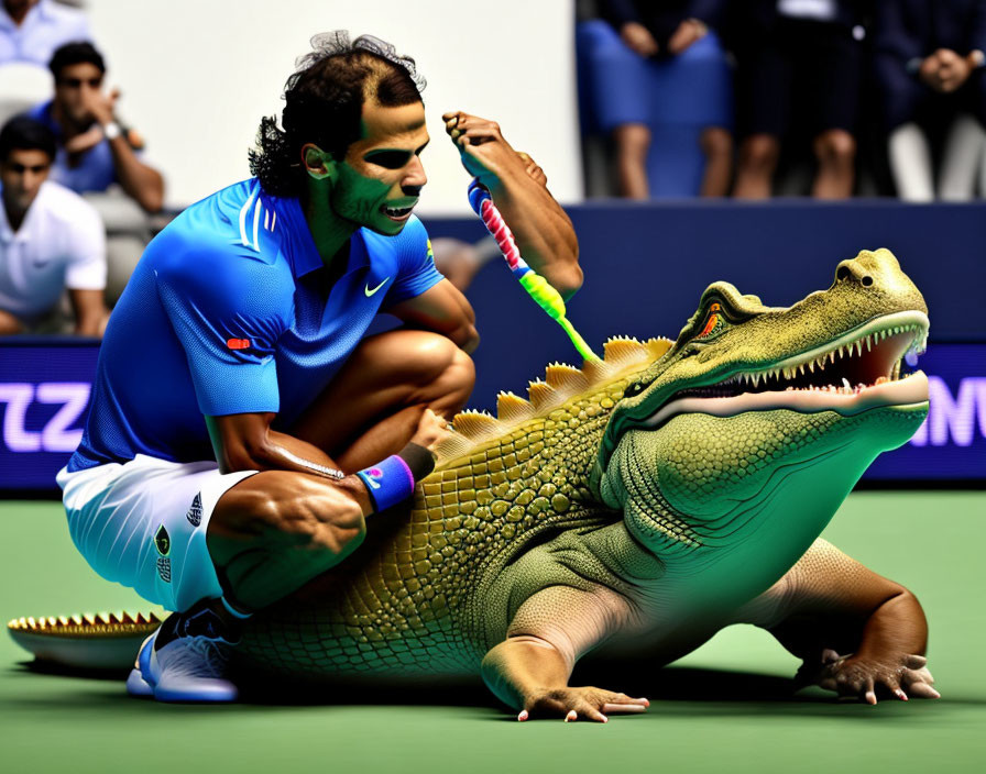 Man in blue sportswear rides alligator on tennis court with rackets