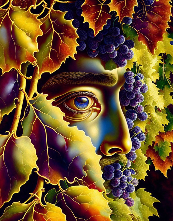 Surreal illustration: autumn leaves, grapes, human eye pattern