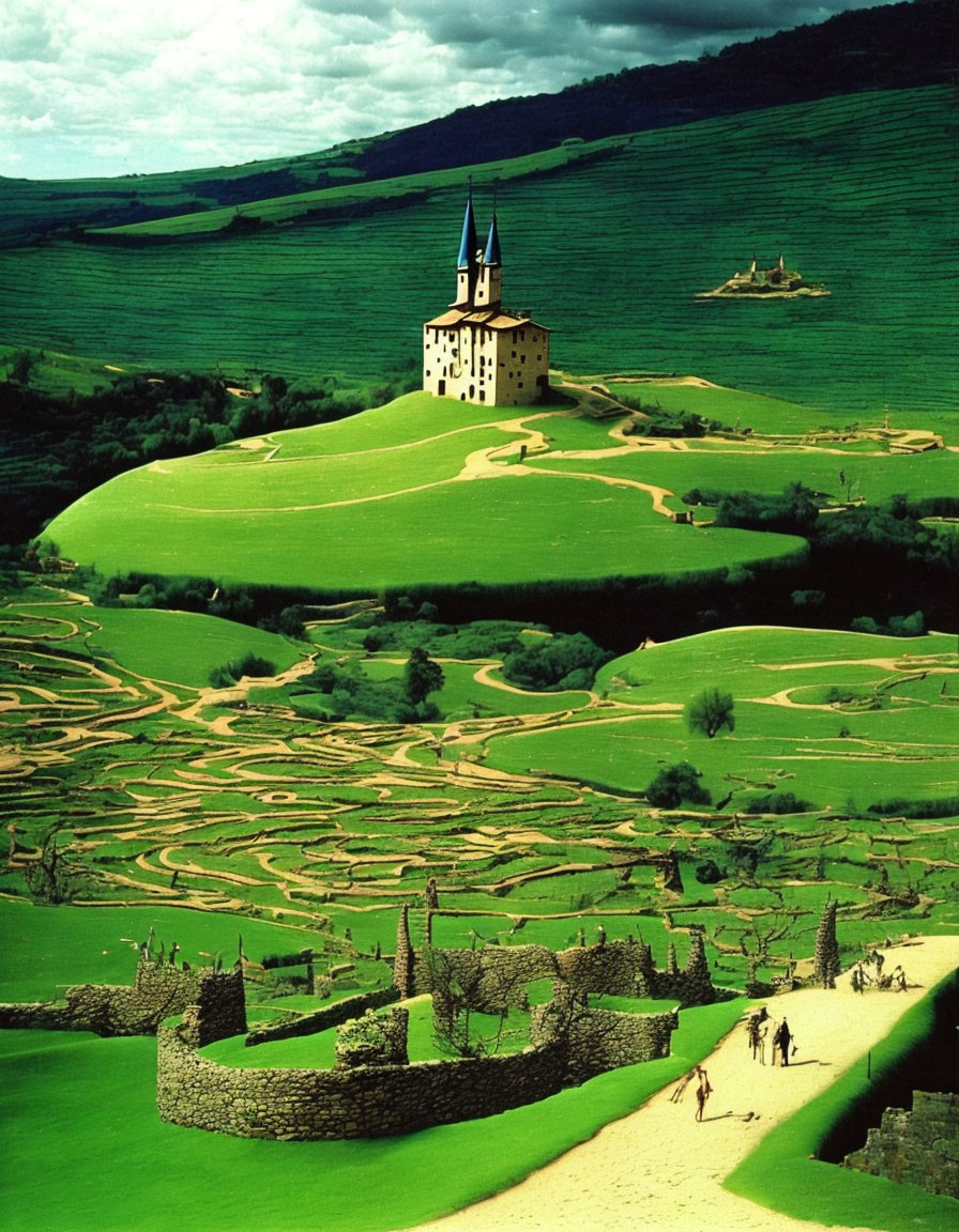 Solitary church on lush green hill under stormy sky