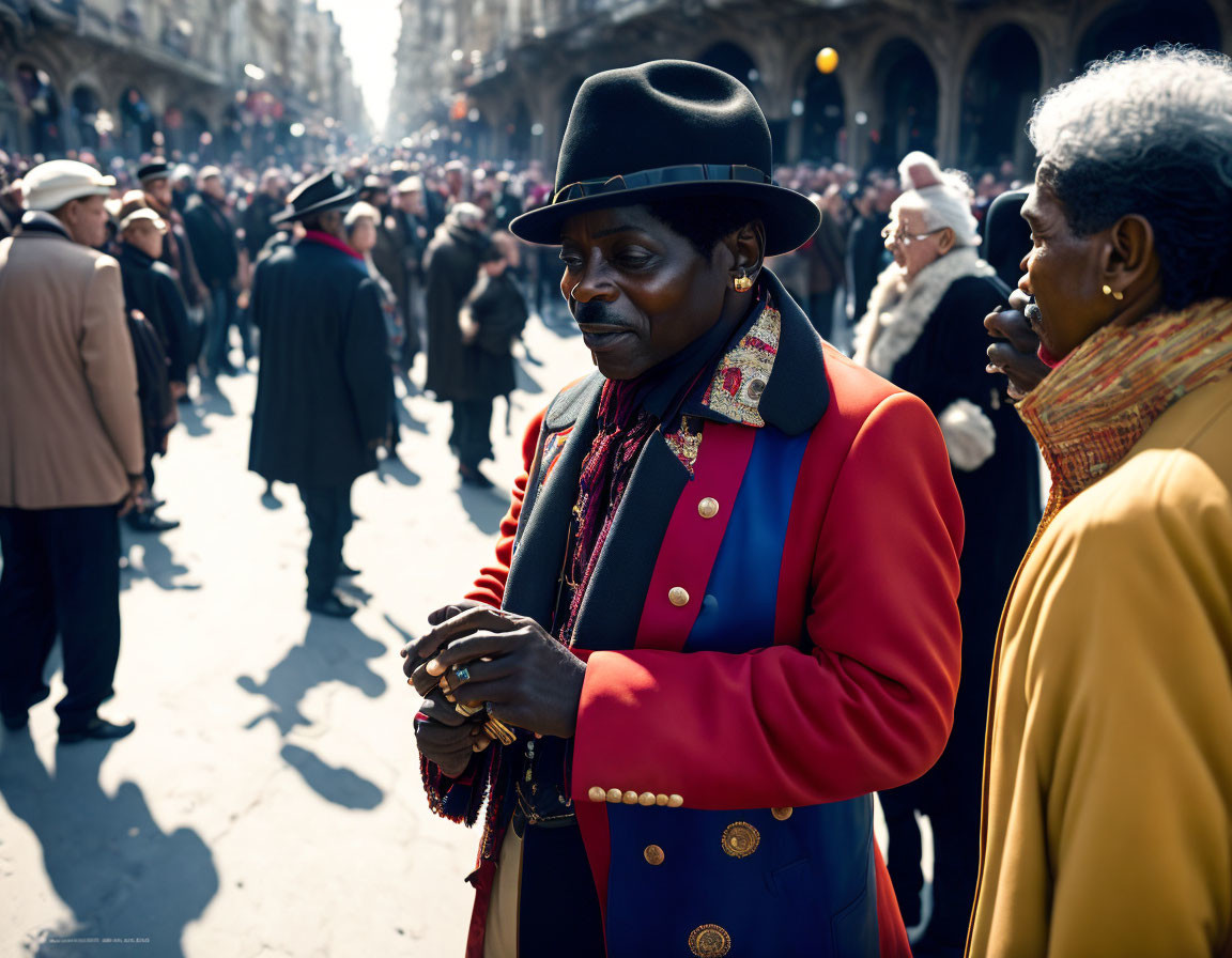 Traditional blue and red uniform with tricorn hat in busy crowd scene.