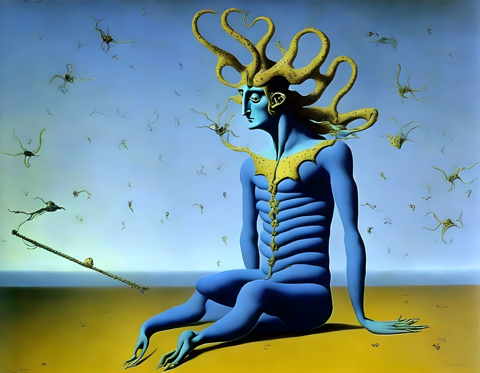 Surreal Blue Humanoid with Antlers in Desert Landscape