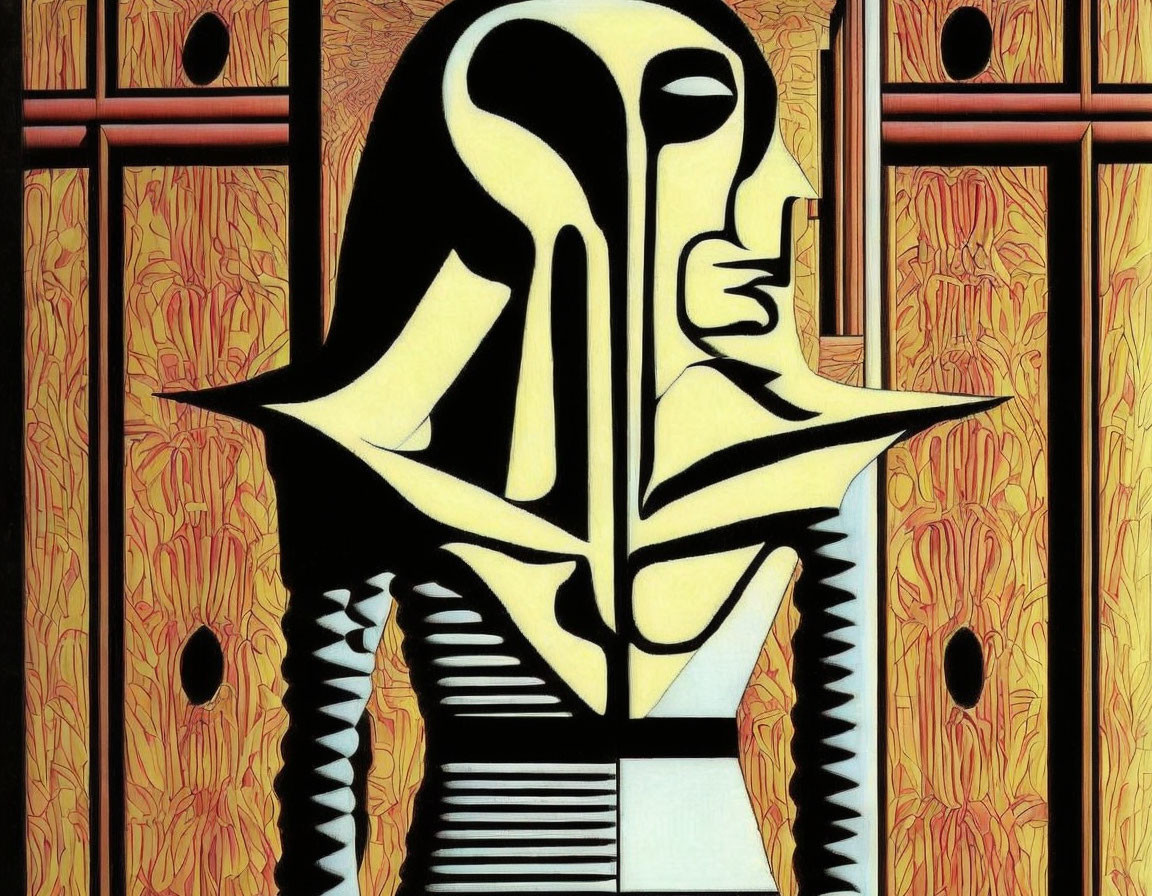 Abstract Figure Artwork: Yellow and Black Stylized Face on Wood Grain Background