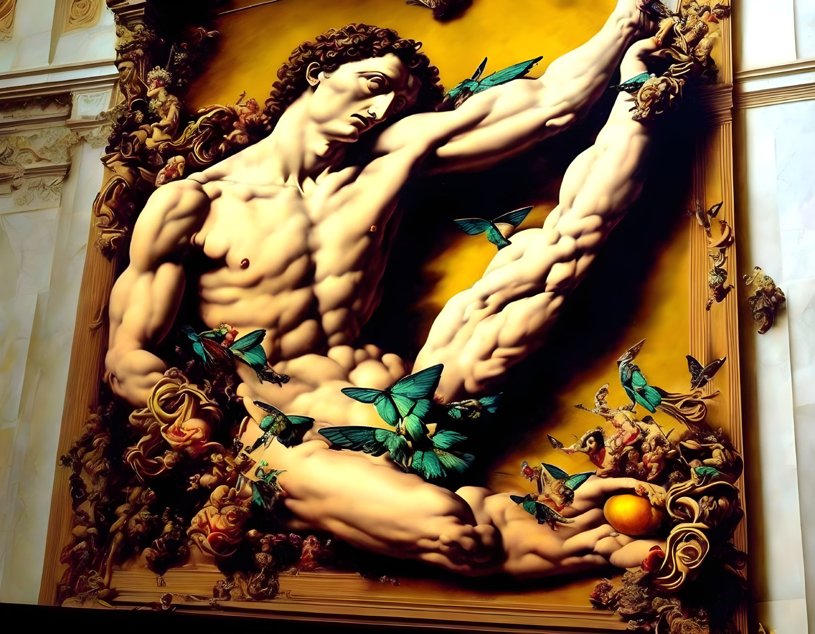 Hyperrealistic Painting of Muscular Man with Decorative Elements and Butterflies